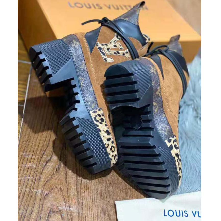 Louis Vuitton LV Women Laureate Platform Desert Boot in Soft Suede Calf Leather with Monogram Canvas-Brown