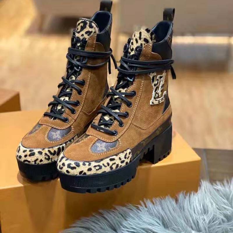 Louis Vuitton LV Women Laureate Platform Desert Boot in Soft Suede Calf Leather with Monogram Canvas-Brown