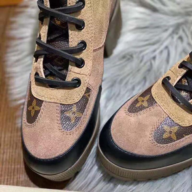 Louis Vuitton LV Women Laureate Platform Desert Boot in Soft Suede Calf Leather with Monogram Canvas-Sandy