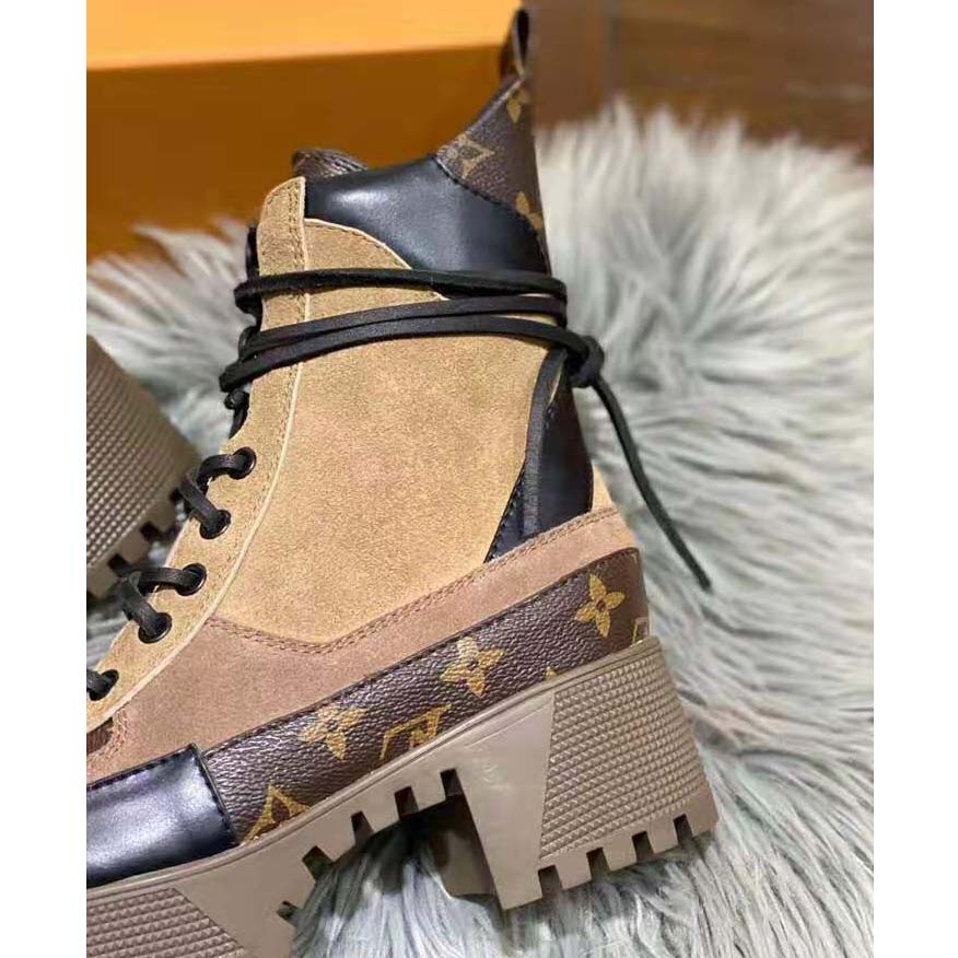 Louis Vuitton LV Women Laureate Platform Desert Boot in Soft Suede Calf Leather with Monogram Canvas-Sandy