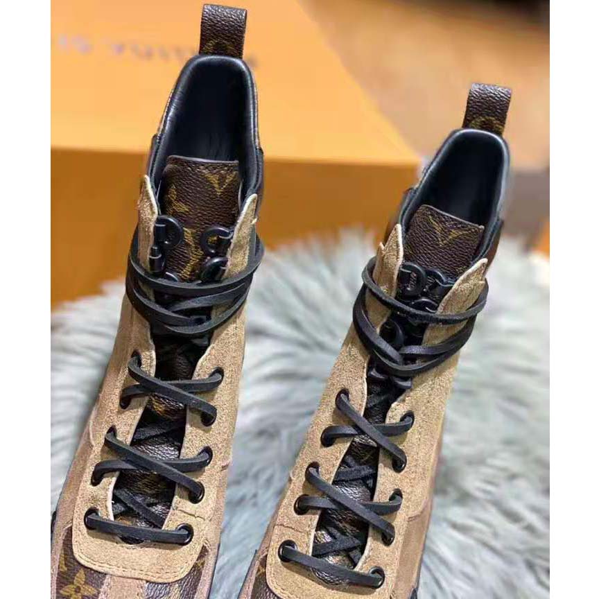 Louis Vuitton LV Women Laureate Platform Desert Boot in Soft Suede Calf Leather with Monogram Canvas-Sandy