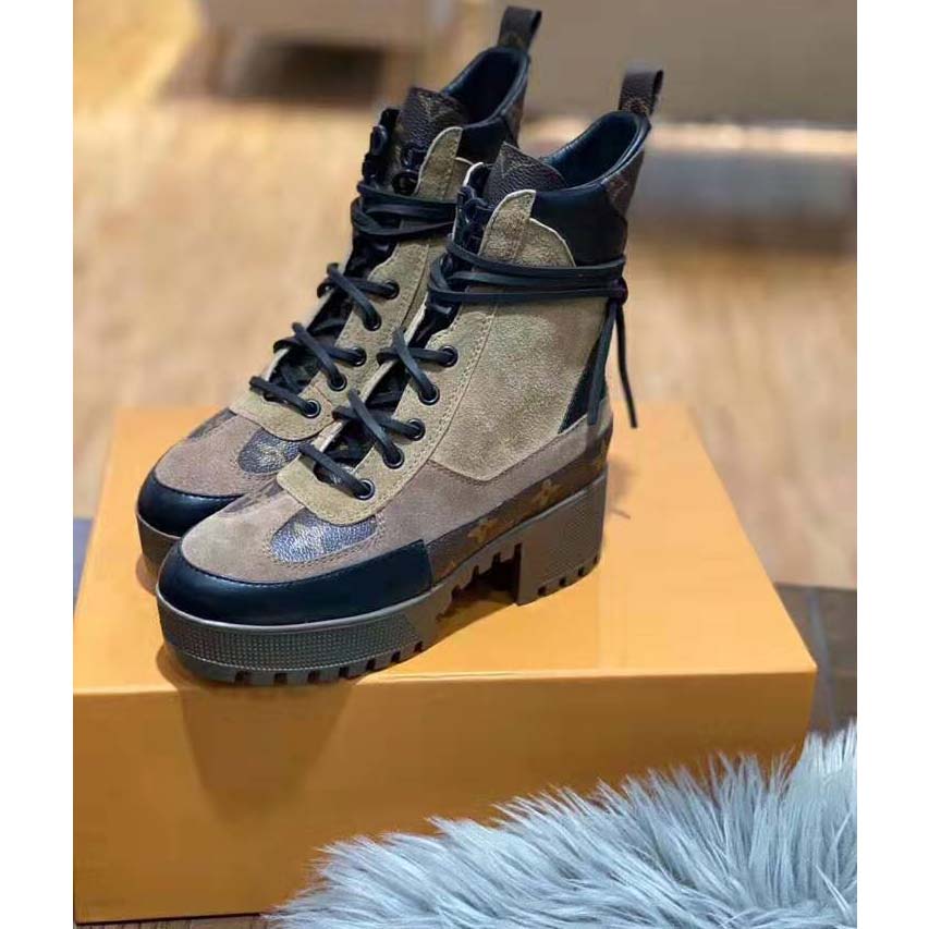Louis Vuitton LV Women Laureate Platform Desert Boot in Soft Suede Calf Leather with Monogram Canvas-Sandy