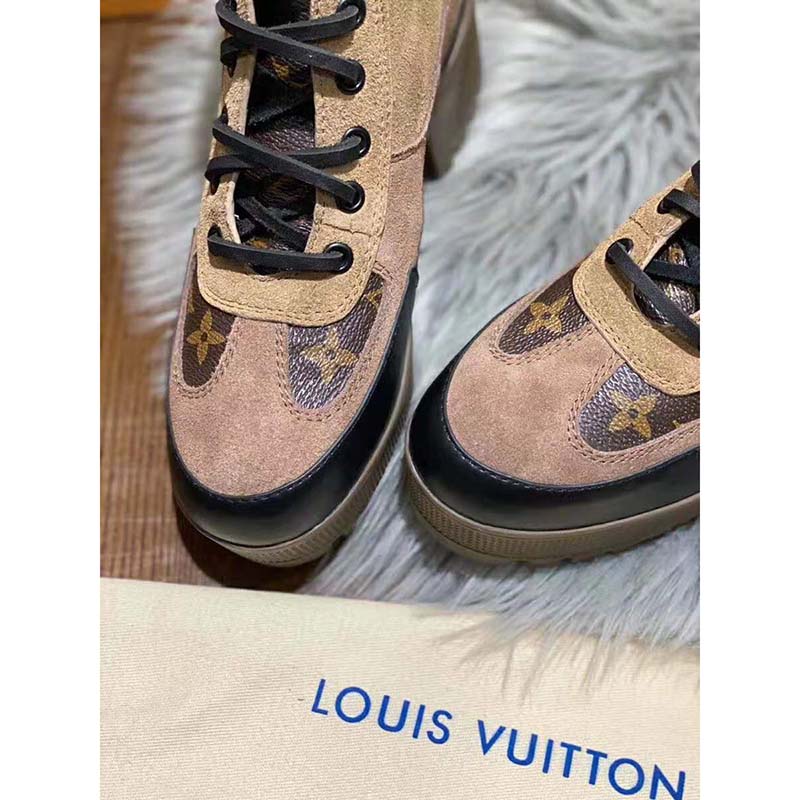 Louis Vuitton LV Women Laureate Platform Desert Boot in Suede Calf Leather and Monogram Canvas-Brown