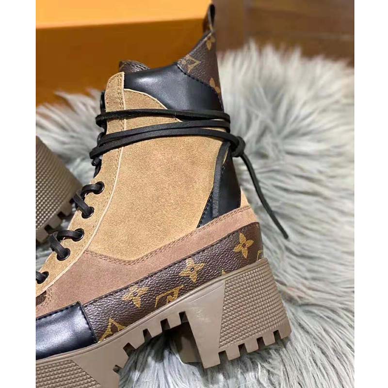 Louis Vuitton LV Women Laureate Platform Desert Boot in Suede Calf Leather and Monogram Canvas-Brown