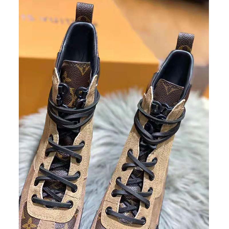 Louis Vuitton LV Women Laureate Platform Desert Boot in Suede Calf Leather and Monogram Canvas-Brown