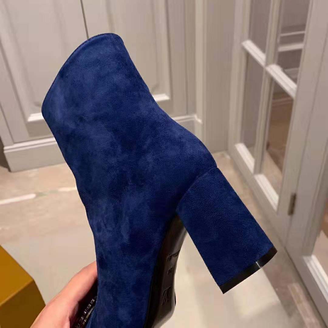 Louis Vuitton LV Women Madeleine Ankle Boot in Suede Baby Goat Leather 7.5 cm Heel-Blue