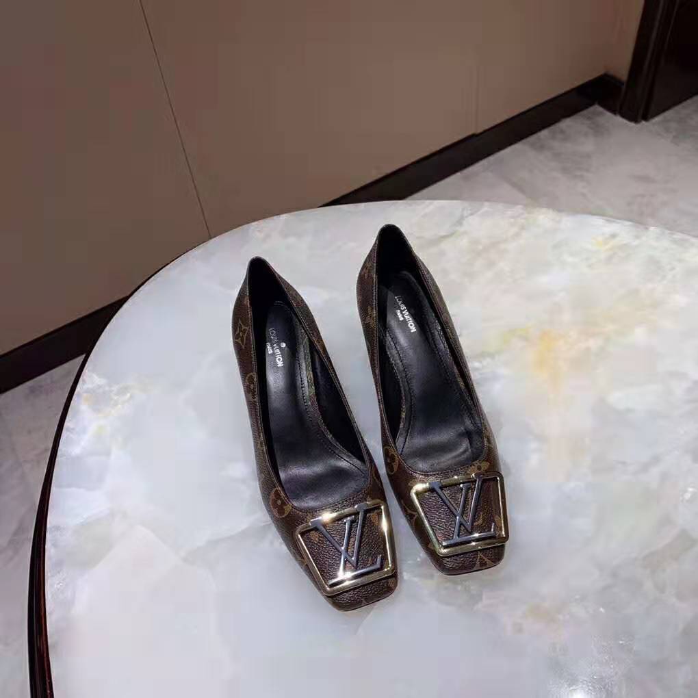 Louis Vuitton LV Women Madeleine Pump in Patent Monogram Canvas and Leather 7.5 cm Heel-Brown