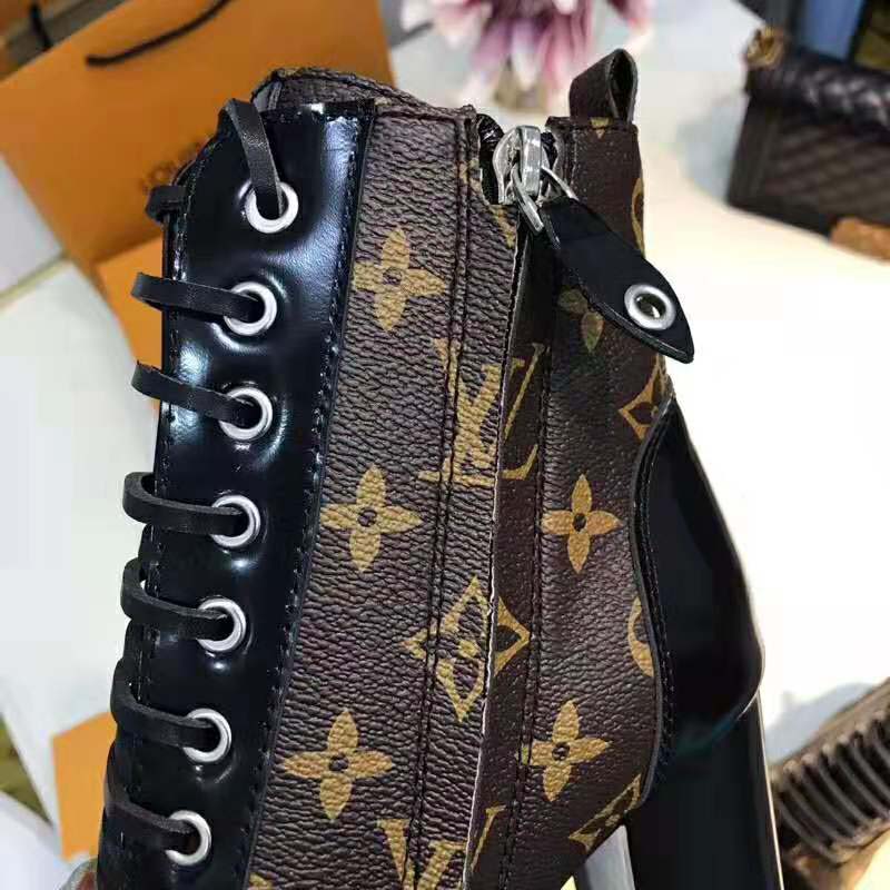 Louis Vuitton LV Women Star Trail Ankle Boot in Black Calf Leather with Monogram Canvas-Brown