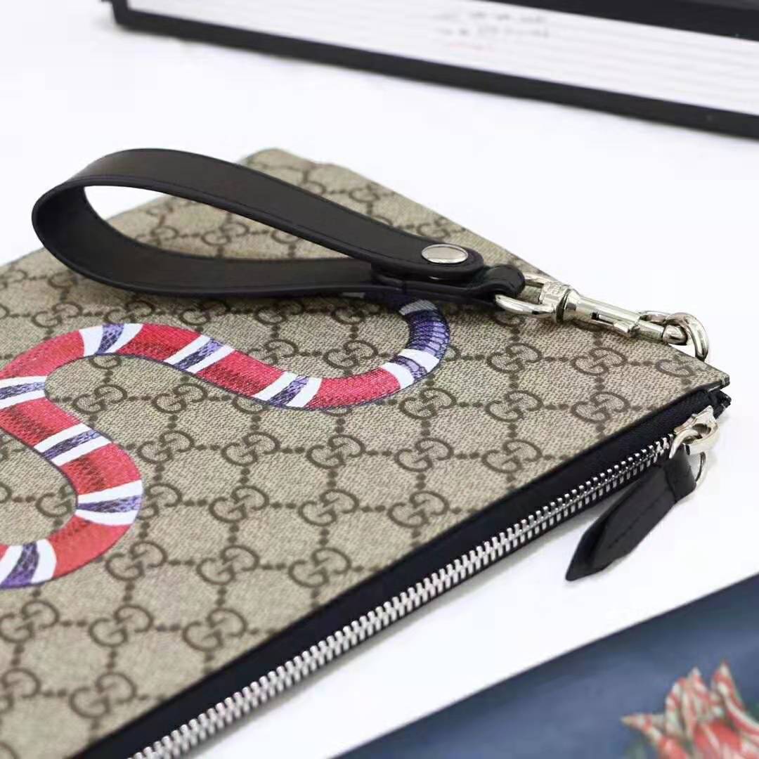 Gucci GG Men Gucci Bestiary Pouch with Kingsnake in Beige/Ebony GG Supreme Canvas