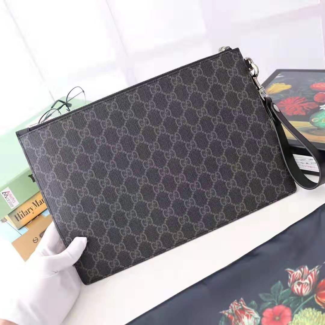 Gucci GG Men Gucci Bestiary Pouch with Kingsnake in Black/Grey GG Supreme Canvas