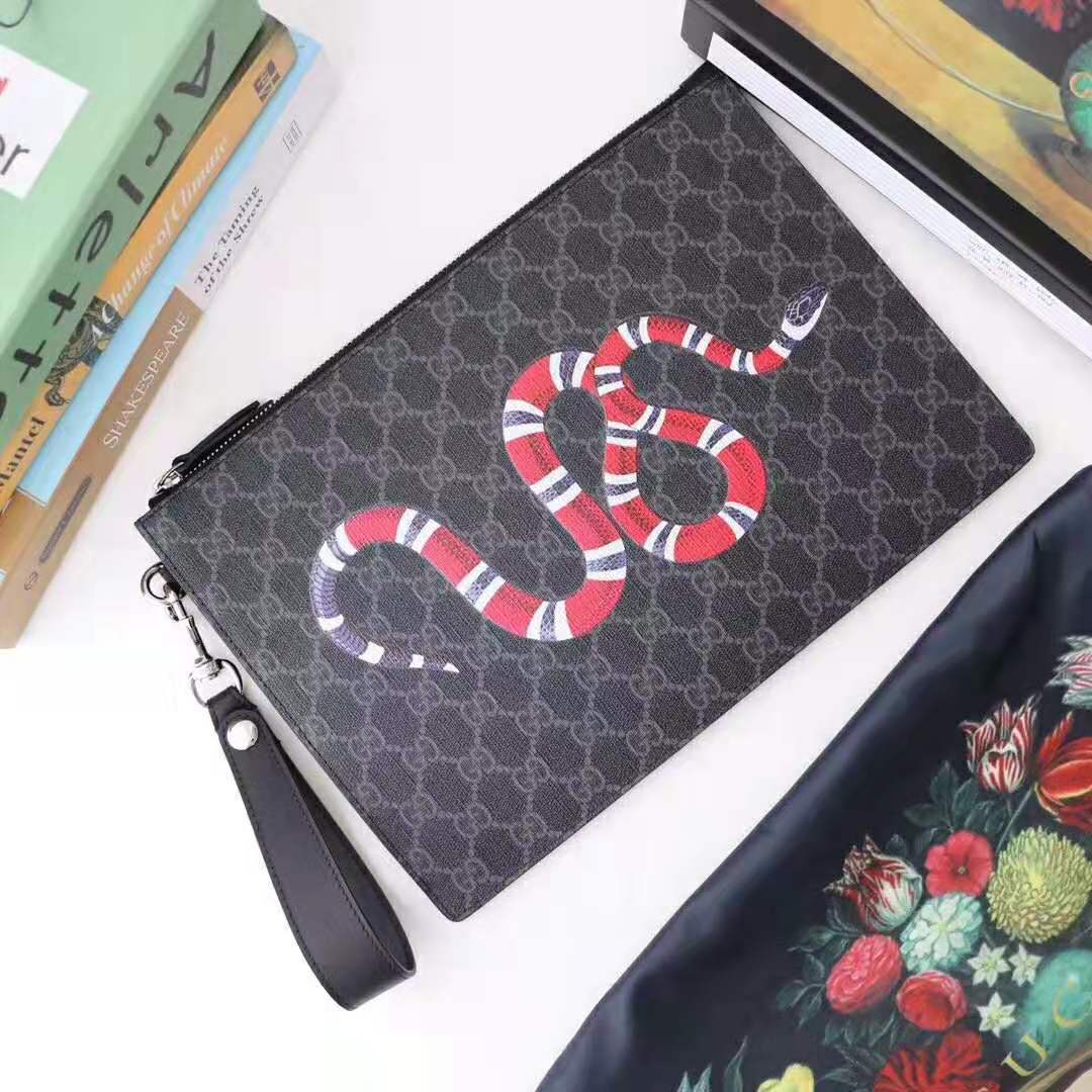Gucci GG Men Gucci Bestiary Pouch with Kingsnake in Black/Grey GG Supreme Canvas