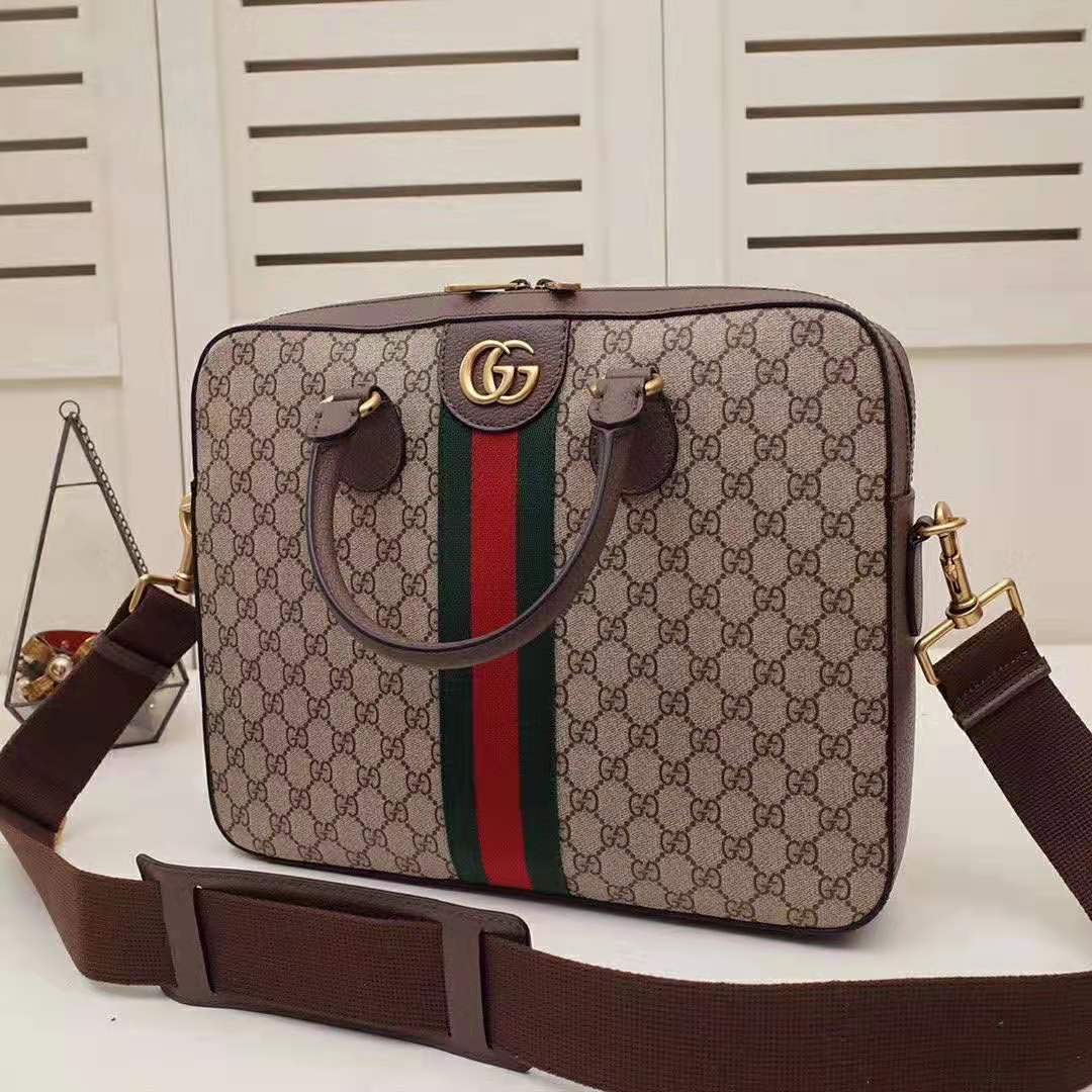 Gucci GG Men Ophidia GG Briefcase in Beige/Ebony Soft GG Supreme Canvas