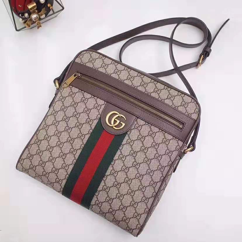 Gucci GG Men Ophidia GG Small Messenger Bag in Beige/Ebony Soft GG Supreme Canvas