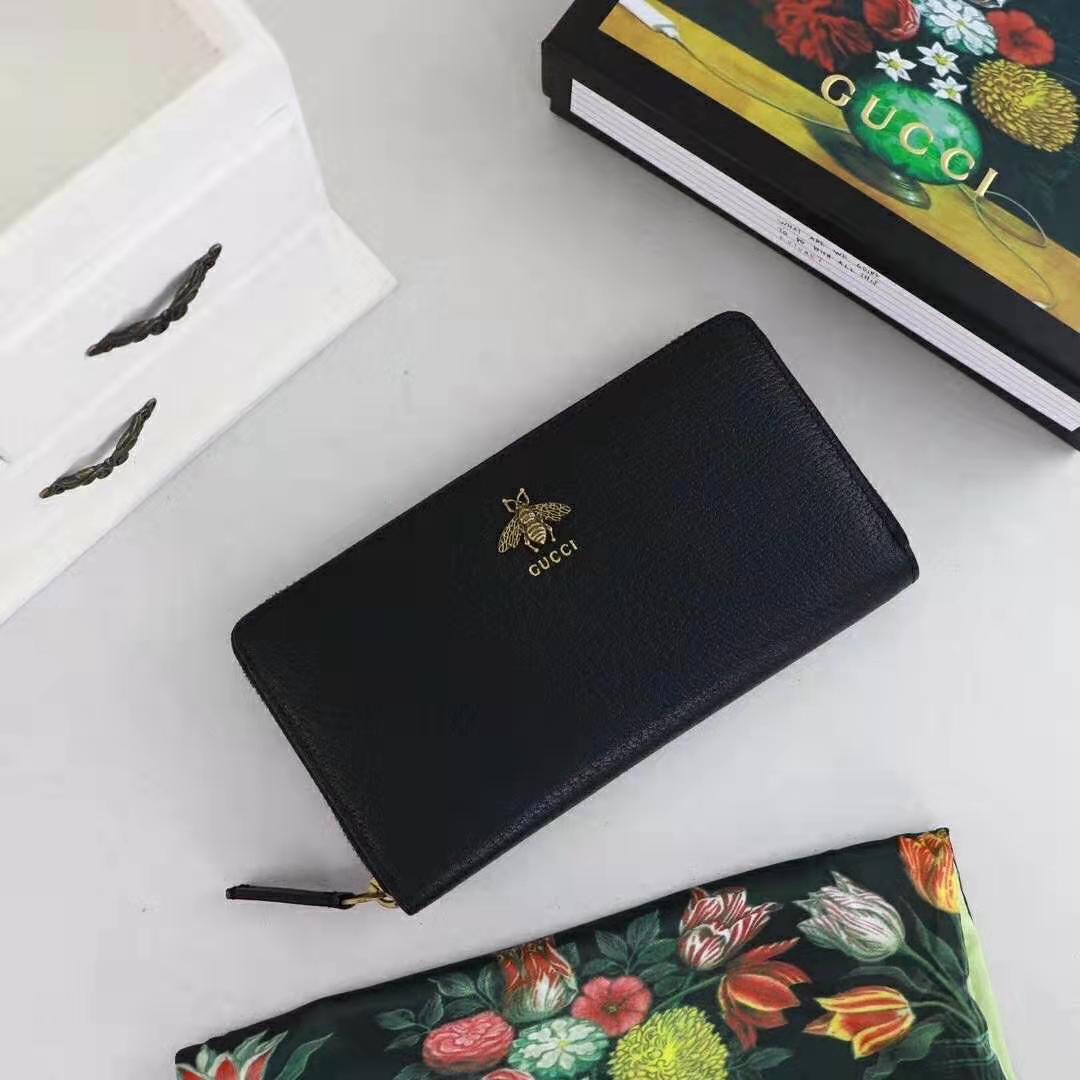 Gucci GG Unisex Animalier Leather Zip Around Wallet in Black Leather