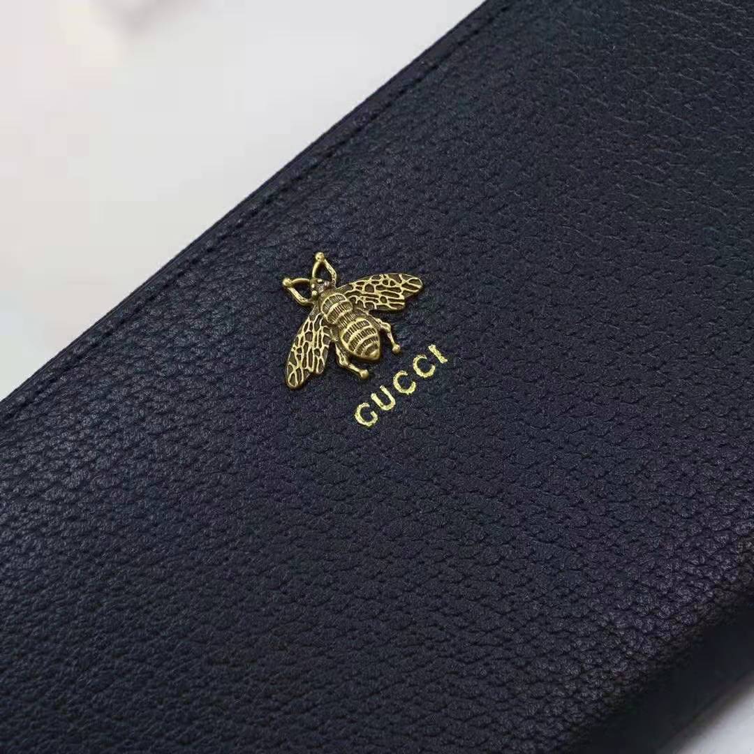 Gucci GG Unisex Animalier Leather Zip Around Wallet in Black Leather