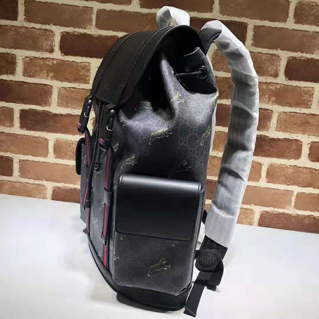 Gucci GG Unisex Gucci Bestiary Backpack with Tigers in Black/Grey Soft GG Supreme Canvas