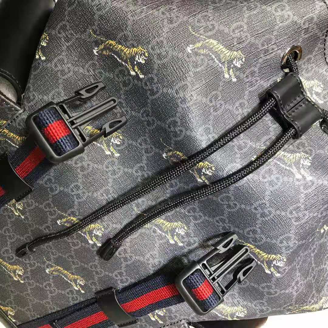 Gucci GG Unisex Gucci Bestiary Backpack with Tigers in Black/Grey Soft GG Supreme Canvas