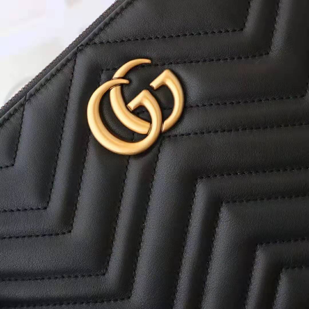 Gucci GG Women GG Marmont Leather Pouch in Black Matelassé Chevron Leather with Heart