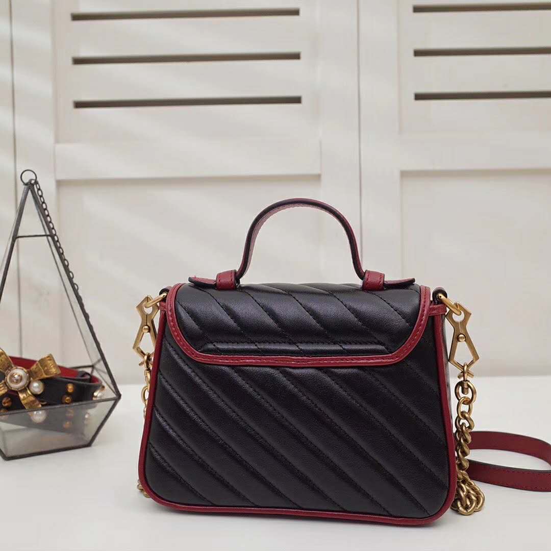 Gucci GG Women GG Marmont Mini Top Handle Bag in Black Diagonal Matelassé Leather