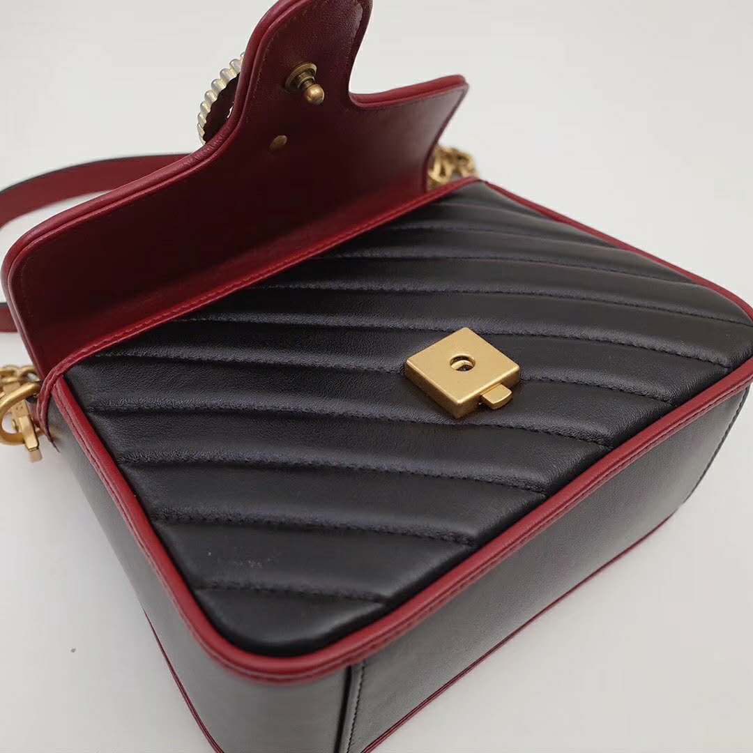 Gucci GG Women GG Marmont Mini Top Handle Bag in Black Diagonal Matelassé Leather