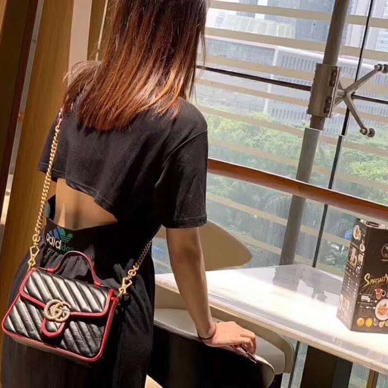 Gucci GG Women GG Marmont Small Top Handle Bag in Black Diagonal Matelassé Leather