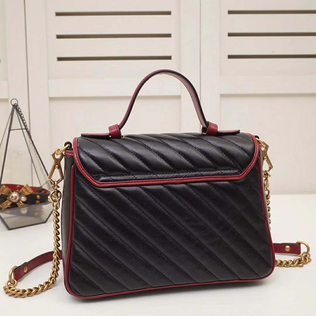 Gucci GG Women GG Marmont Small Top Handle Bag in Black Diagonal Matelassé Leather