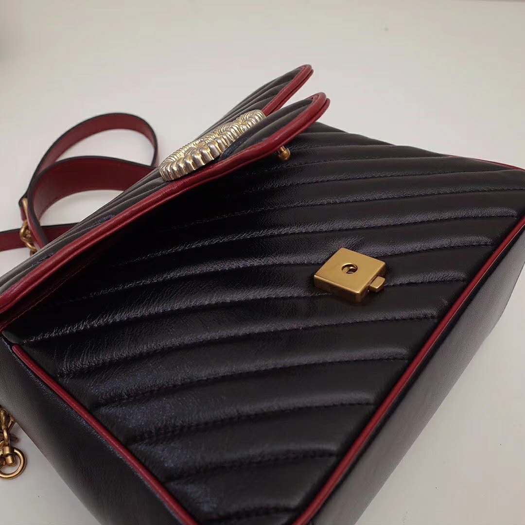 Gucci GG Women GG Marmont Small Top Handle Bag in Black Diagonal Matelassé Leather
