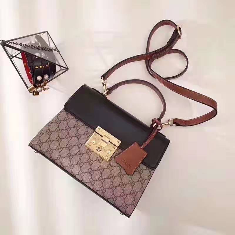 Gucci GG Women GG Padlock Small GG Top Handle Bag in Beige GG Supreme Canvas