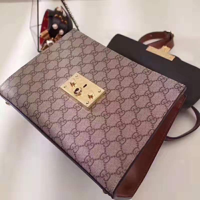 Gucci GG Women GG Padlock Small GG Top Handle Bag in Beige GG Supreme Canvas