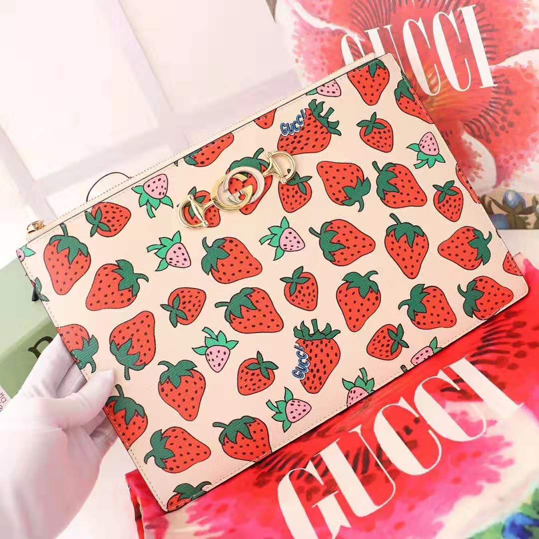 Gucci GG Women Gucci Zumi Strawberry Print Pouch in Ivory Leather