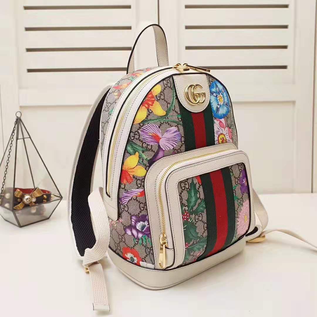 Gucci GG Women Ophidia GG Flora Small Backpack in Beige/Ebony GG Supreme Canvas