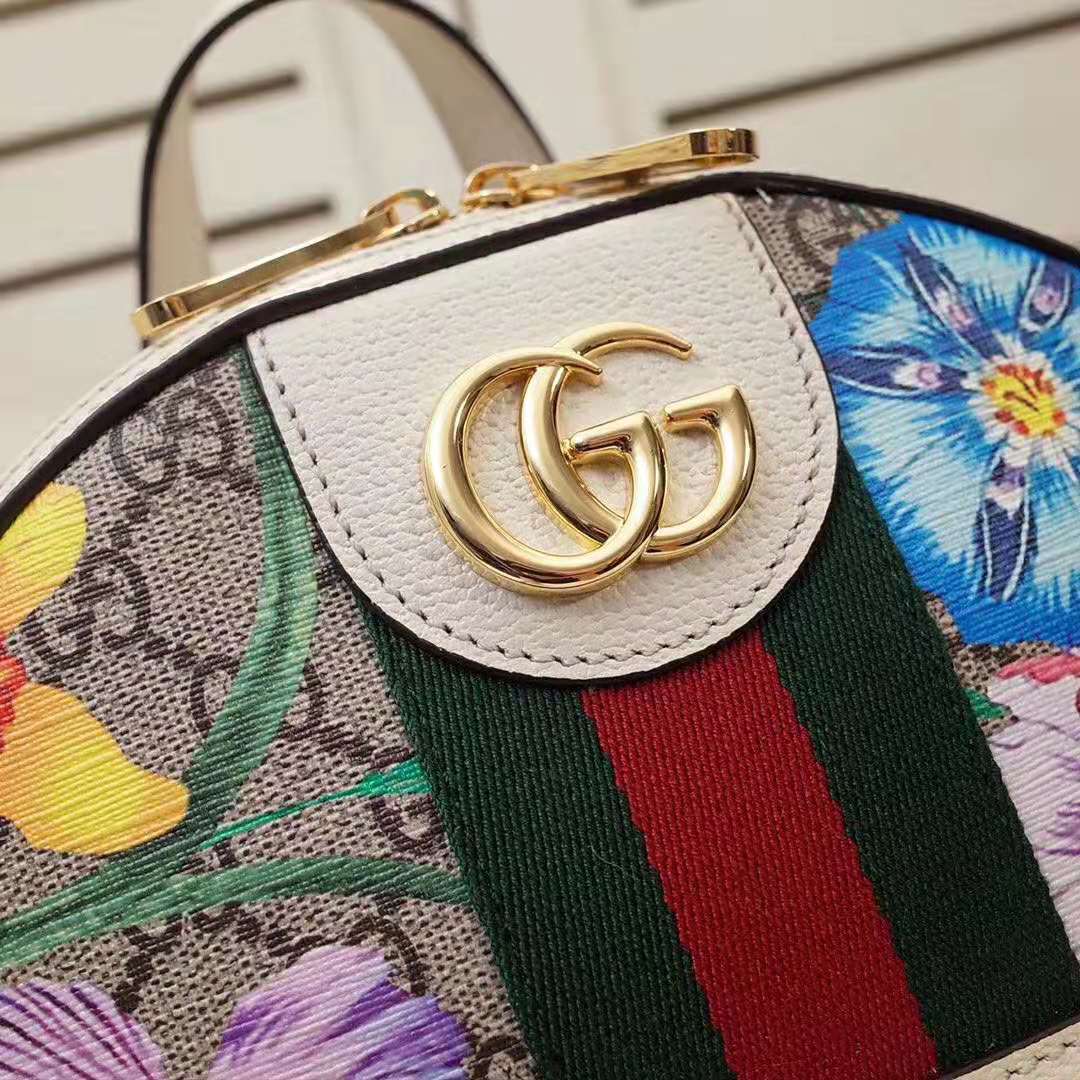 Gucci GG Women Ophidia GG Flora Small Backpack in Beige/Ebony GG Supreme Canvas