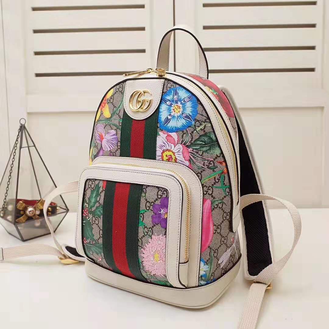 Gucci GG Women Ophidia GG Flora Small Backpack in Beige/Ebony GG Supreme Canvas