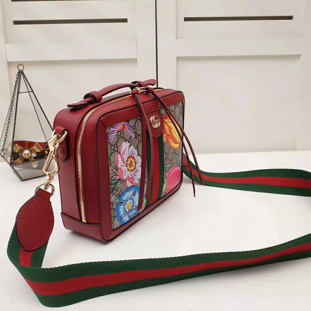 Gucci GG Women Ophidia GG Flora Small Shoulder Bag in Beige/Ebony GG Supreme Canvas