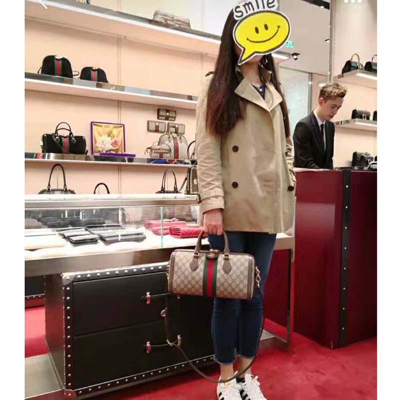 Gucci GG Women Ophidia GG Medium Top Handle Bag in Beige GG Supreme Canvas