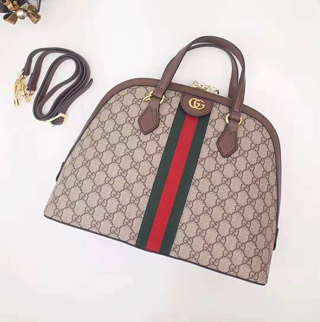 Gucci GG Women Ophidia GG Medium Top Handle in Beige/Ebony GG Supreme Canvas