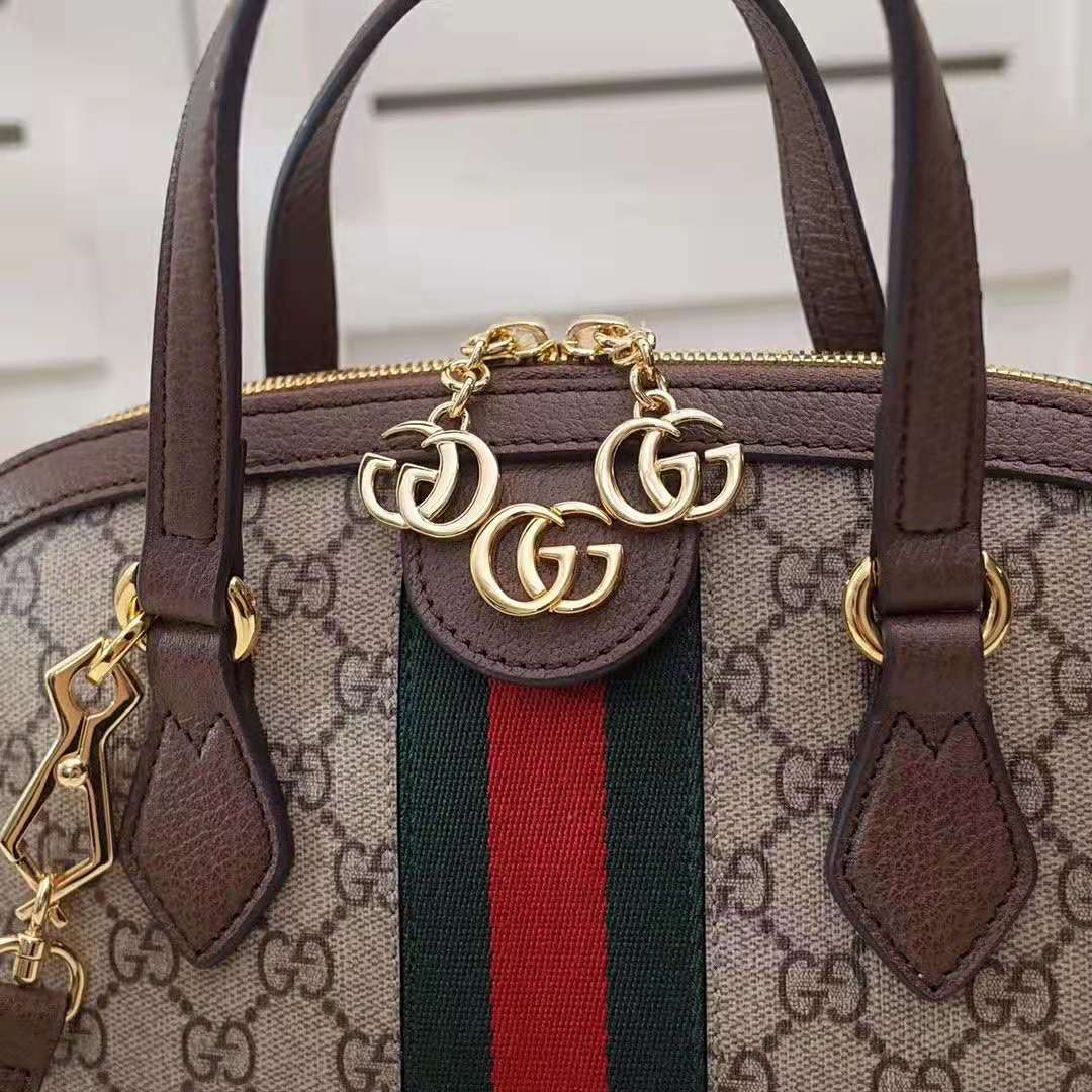Gucci GG Women Ophidia GG Medium Top Handle in Beige/Ebony GG Supreme Canvas