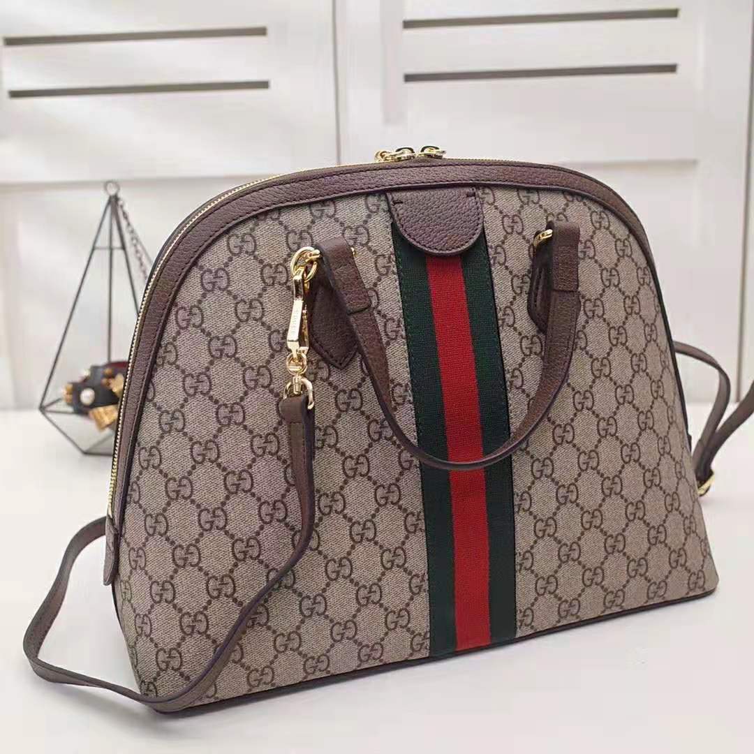 Gucci GG Women Ophidia GG Medium Top Handle in Beige/Ebony GG Supreme Canvas