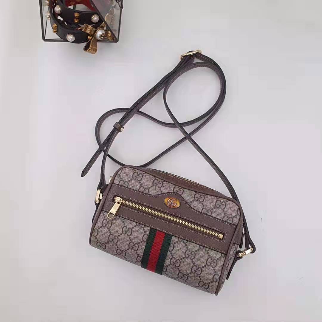 Gucci GG Women Ophidia GG Supreme Mini Bag in Beige/Ebony GG Supreme Canvas