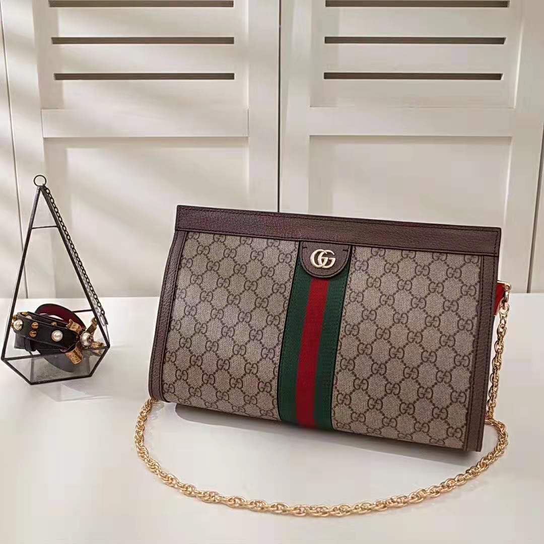 Gucci GG Women Ophidia Medium Shoulder Bag in Beige/Ebony GG Supreme Canvas