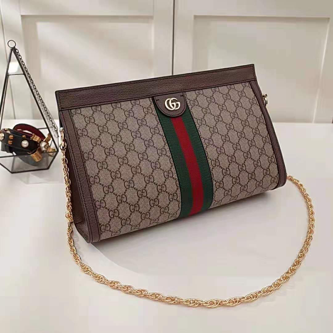 Gucci GG Women Ophidia Medium Shoulder Bag in Beige/Ebony GG Supreme Canvas
