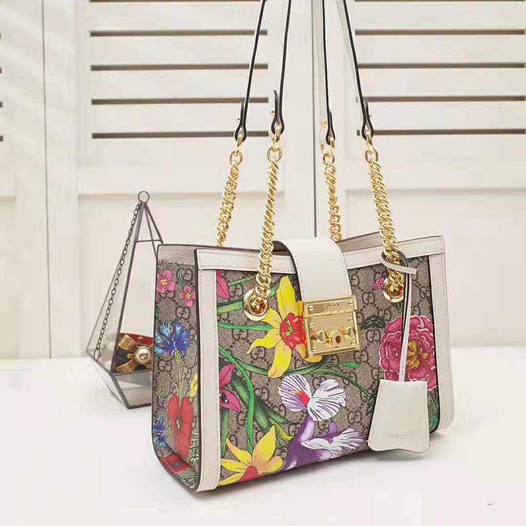 Gucci GG Women Padlock GG Flora Small Shoulder Bag in Beige/Ebony GG Supreme Canvas