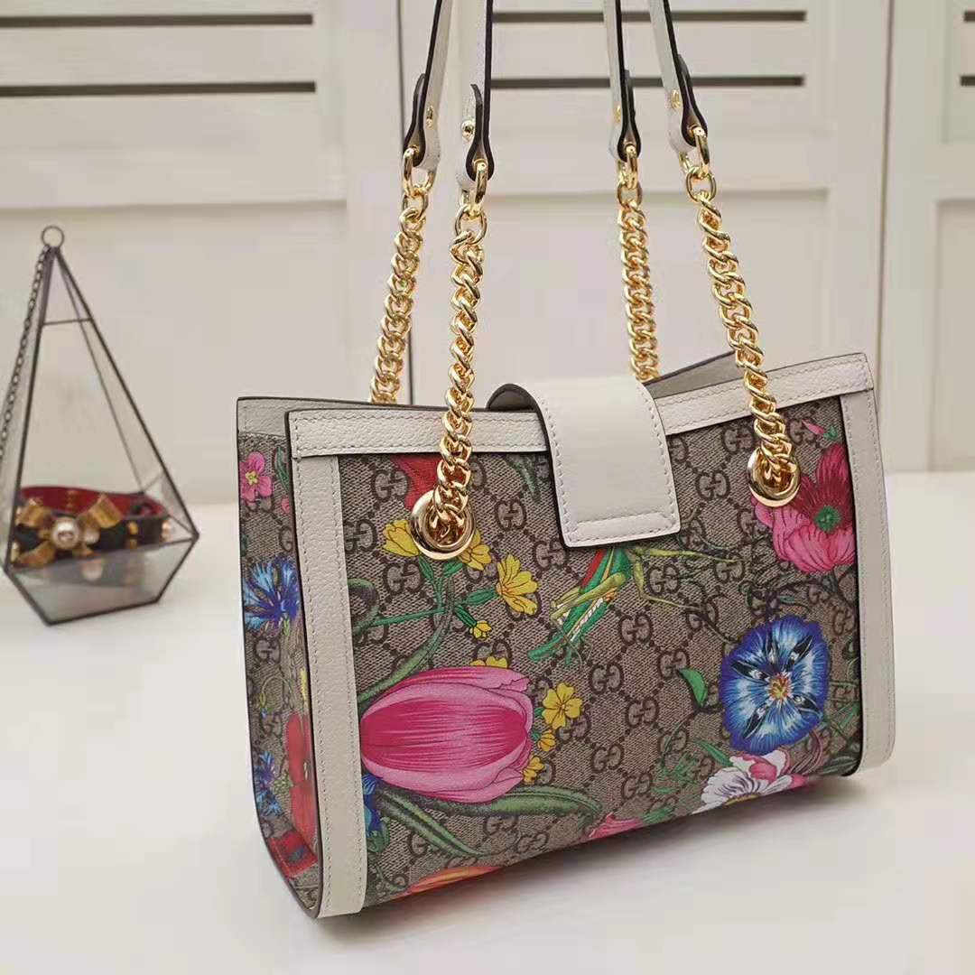 Gucci GG Women Padlock GG Flora Small Shoulder Bag in Beige/Ebony GG Supreme Canvas