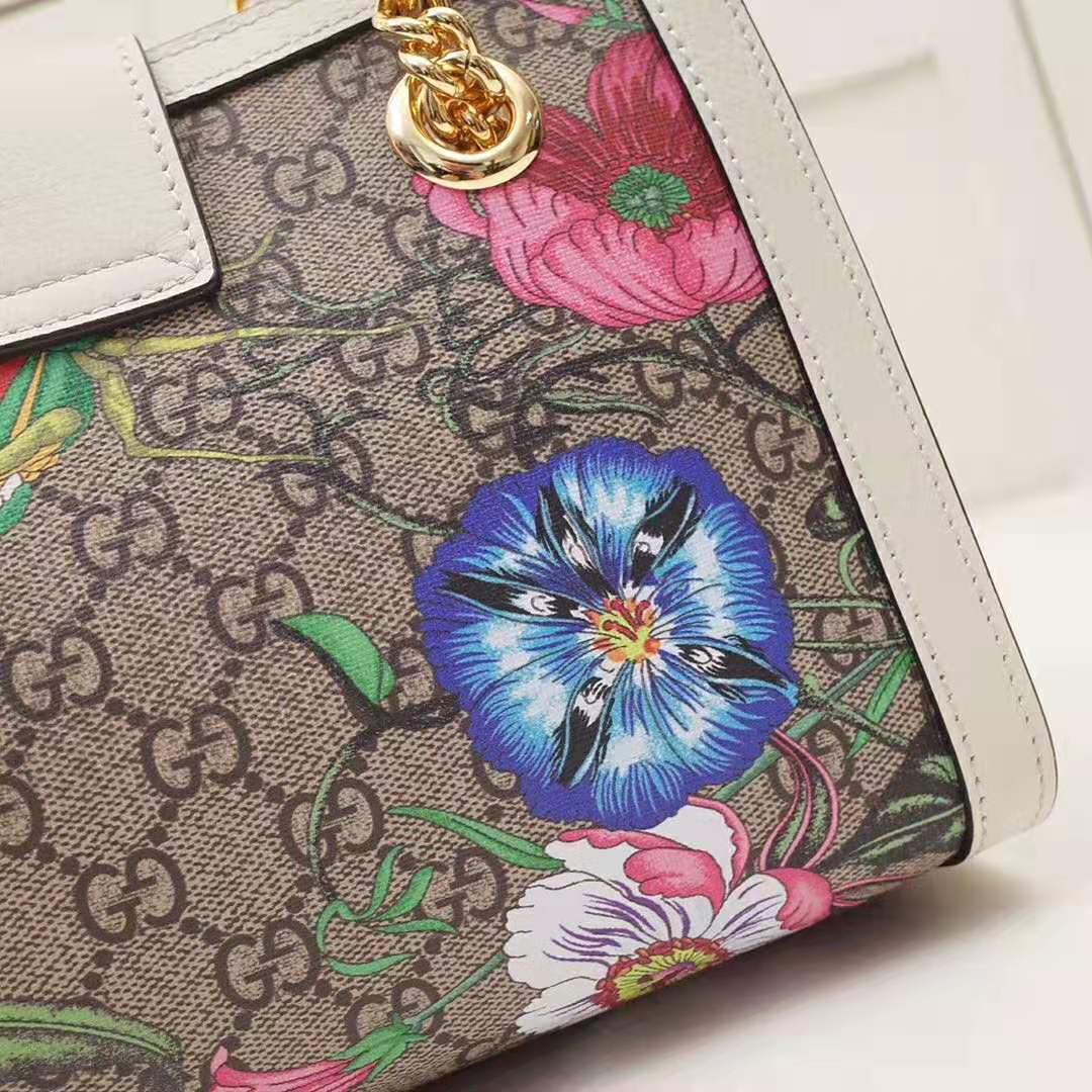 Gucci GG Women Padlock GG Flora Small Shoulder Bag in Beige/Ebony GG Supreme Canvas