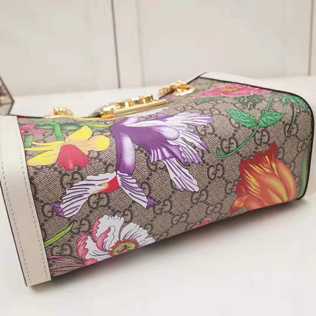 Gucci GG Women Padlock GG Flora Small Shoulder Bag in Beige/Ebony GG Supreme Canvas
