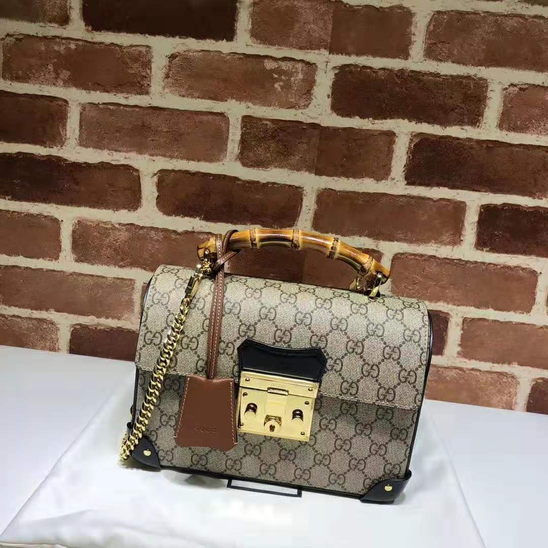 Gucci GG Women Padlock GG Small Bamboo Shoulder Bag in Beige/Ebony GG Supreme Canvas