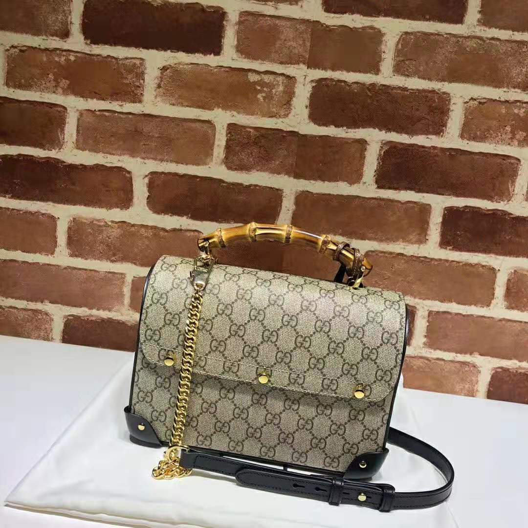 Gucci GG Women Padlock GG Small Bamboo Shoulder Bag in Beige/Ebony GG Supreme Canvas