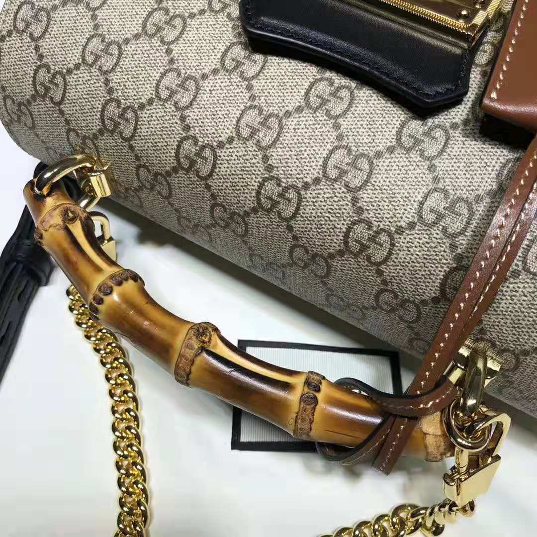Gucci GG Women Padlock GG Small Bamboo Shoulder Bag in Beige/Ebony GG Supreme Canvas