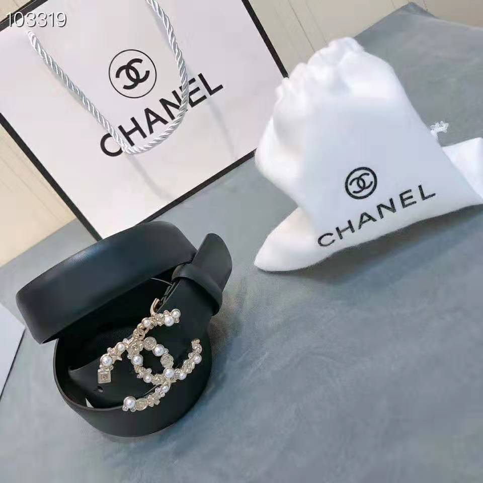 Chanel Women Calfskin Gold-Tone Metal Glass Pearls Strass & Resin Belt-Black
