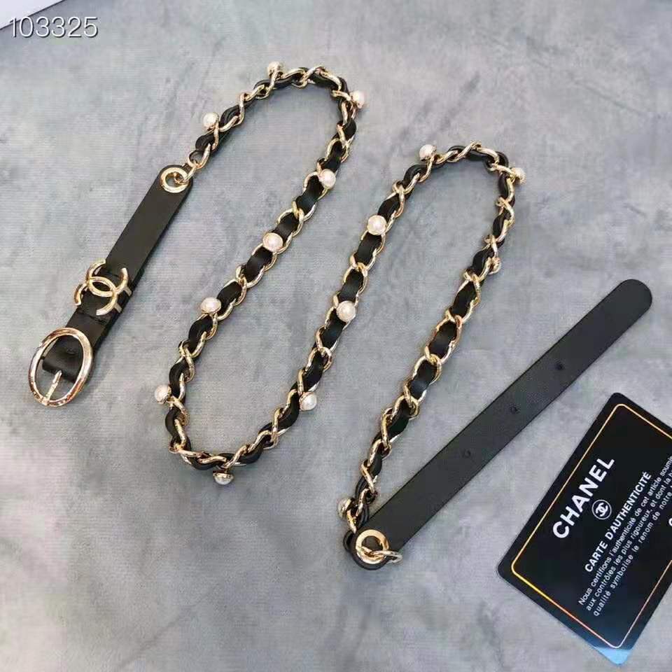 Chanel Women Lambskin Gold-Tone Metal & Glass Pearls Belt-Black